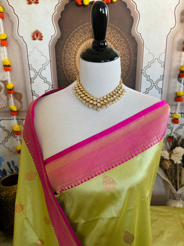 Banarasi Katan Pure Silk Saree | Light Pistachio Green & Pink | Gold Zari | Handwoven | Silk Mark Certified | Ships from California